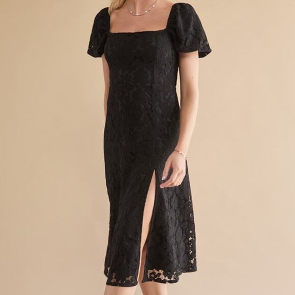 NWT Francesca’s Tabitha Lace Puff Sleeve Midi Dress Black Slit Floral Formal - Picture 1 of 3